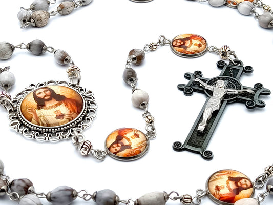 Sacred Heart of Jesus unique rosary beads Jobs tears and stainless steel rosary beads with pewter style Saint Benedict crucifix.