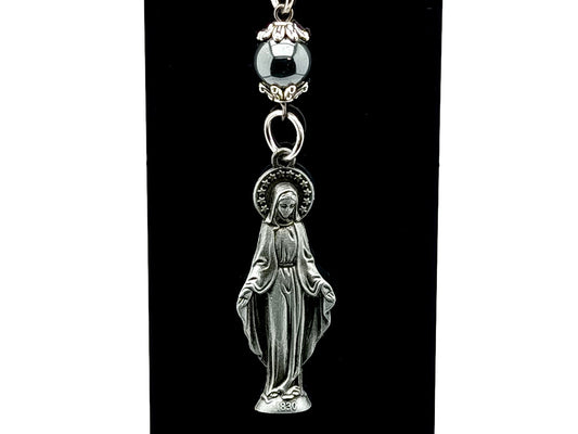 Our Lady of Grace unique rosary beads pewter medal with hematite gemstone bead on lobster purse clip.