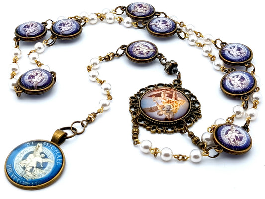Saint Michael unique rosary beads vintage style pearl prayer chaplet with domed Saint Michael linking picture medals and large brass domed picture medal.