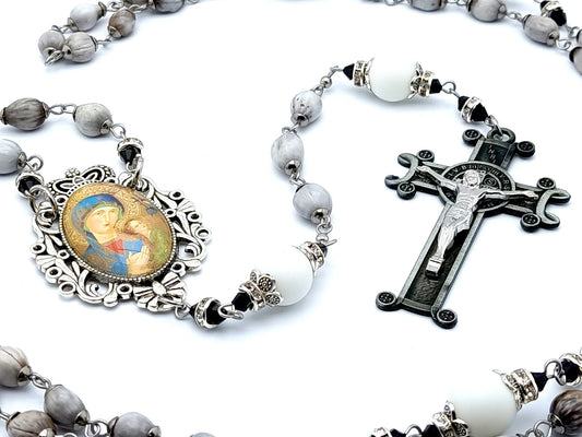 Our Lady of Perpetual Help unique rosary beads with Jobs Tears and alabaster gemstone beads and pewter style Saint Benedict crucifix.