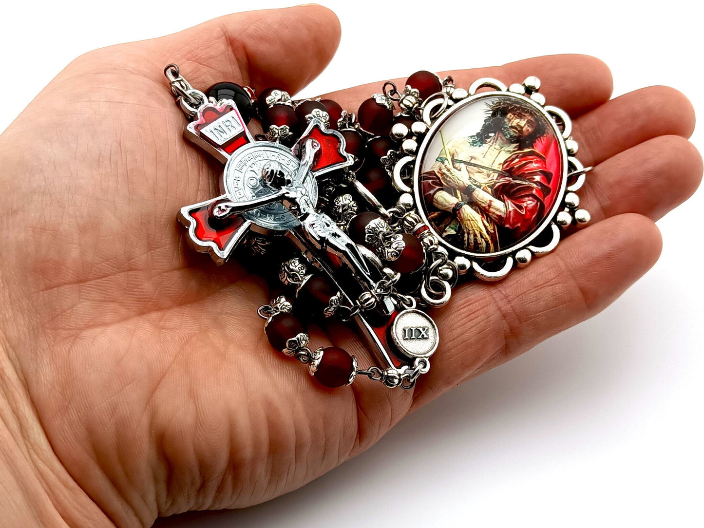 Passion of Christ unique rosary beads stations of the cross with red glass and onyx gemstone beads, Way of the Cross medals and red enamel Saint Benedict crucifix.