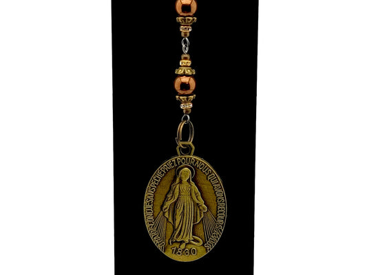 Vintage style Three Hail Mary unique rosary beads prayer chaplet with brass Miraculous medal and copper hematite gemstone beads on lobster purse clip.