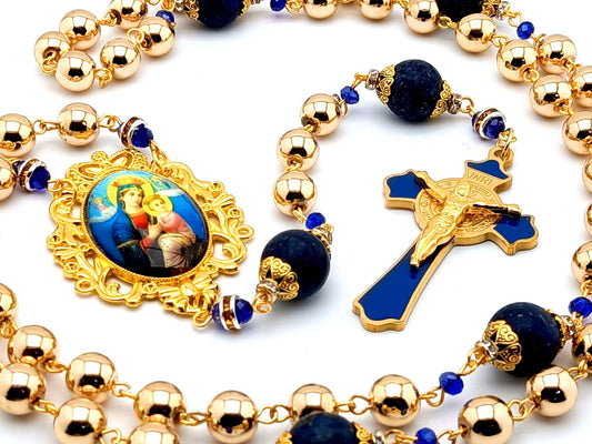 Our Lady of Perpetual Help unique rosary beads with lapis lazuli and hematite gemstone beads and blue enamel Saint Benedict stainless steel crucifix.