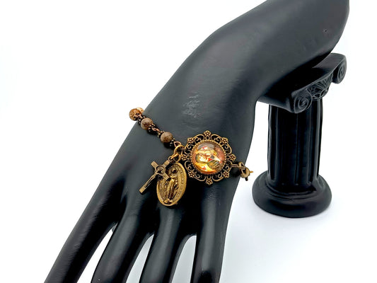 Our Lady of Perpetual Help unique rosary beads vintage style jasper gemstone single decade rosary bracelet with Miraculous medal and Saint Benedict crucifix.