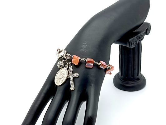 Saint Angel Gabriel unique rosary beads shell and Tibetan silver single decade rosary bead bracelet with Holy trinity crucifix and heart lobster clasp.