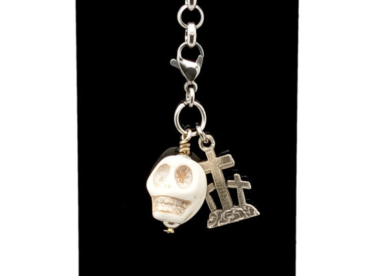 Large Memento Mori unique rosary beads howlite purse clip key fob key chain with stainless steel lobster clasp and three cross medal.