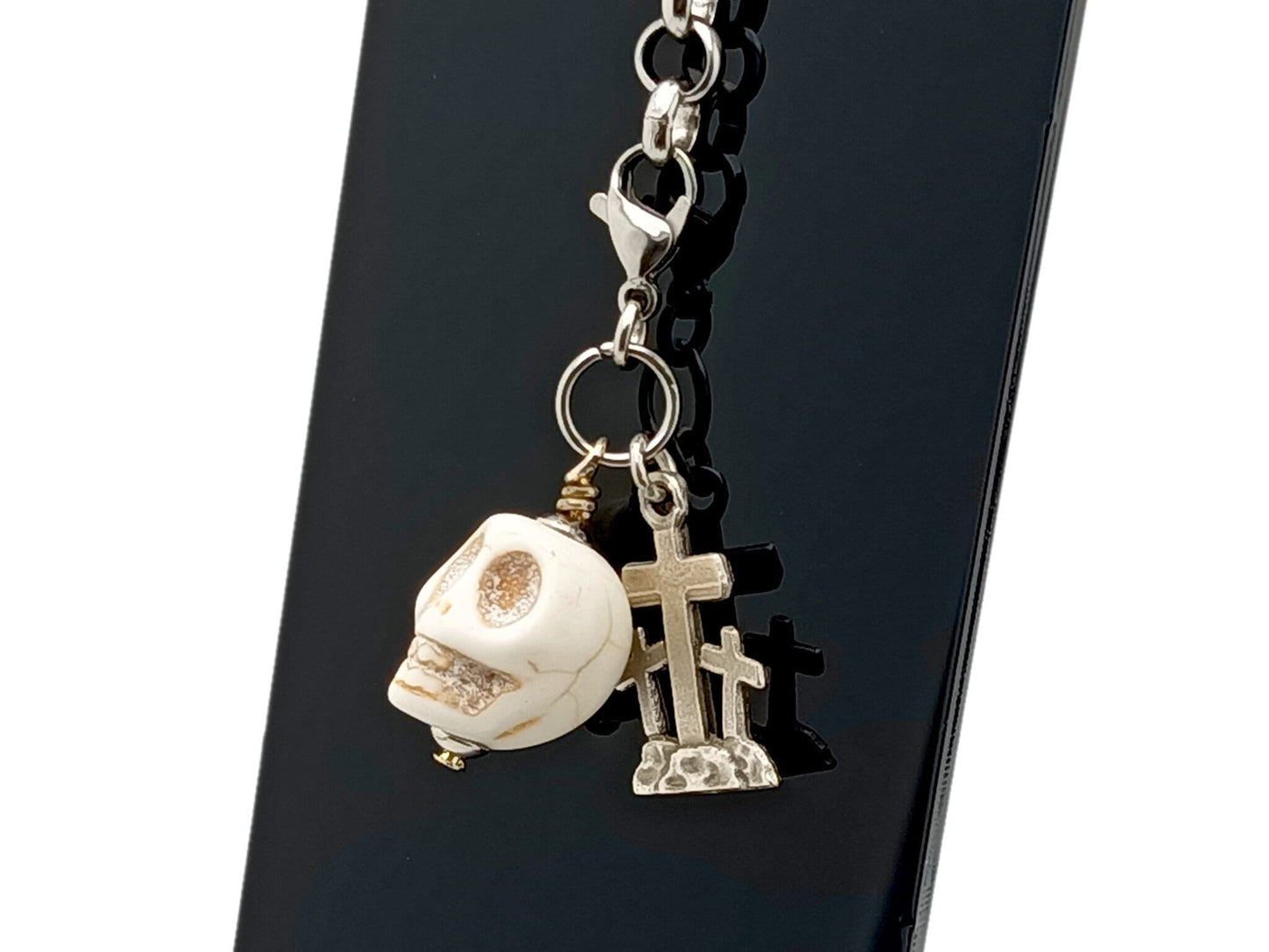 Large Memento Mori unique rosary beads howlite purse clip key fob key chain with stainless steel lobster clasp and three cross medal.