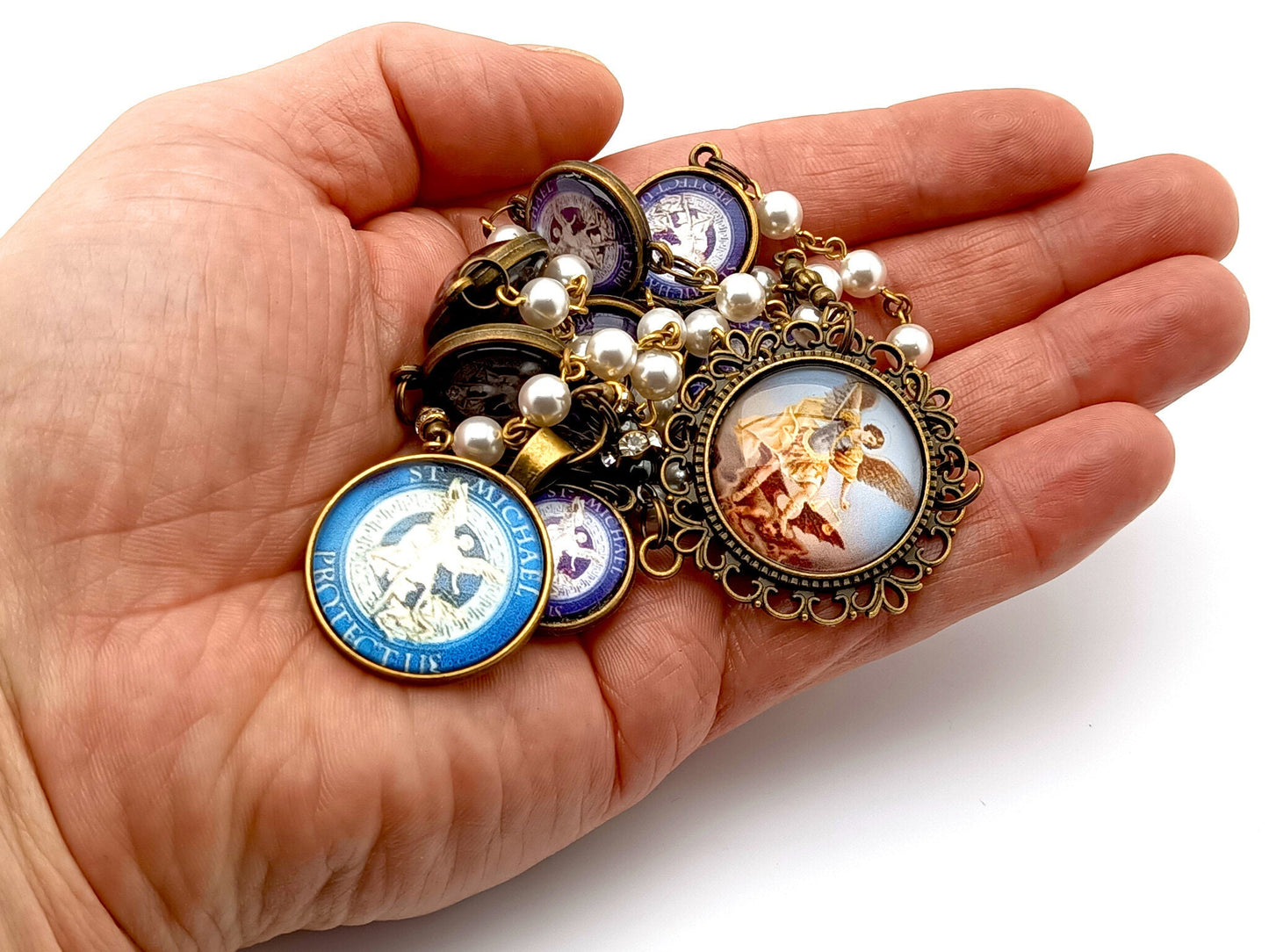 Saint Michael unique rosary beads vintage style pearl prayer chaplet with domed Saint Michael linking picture medals and large brass domed picture medal.