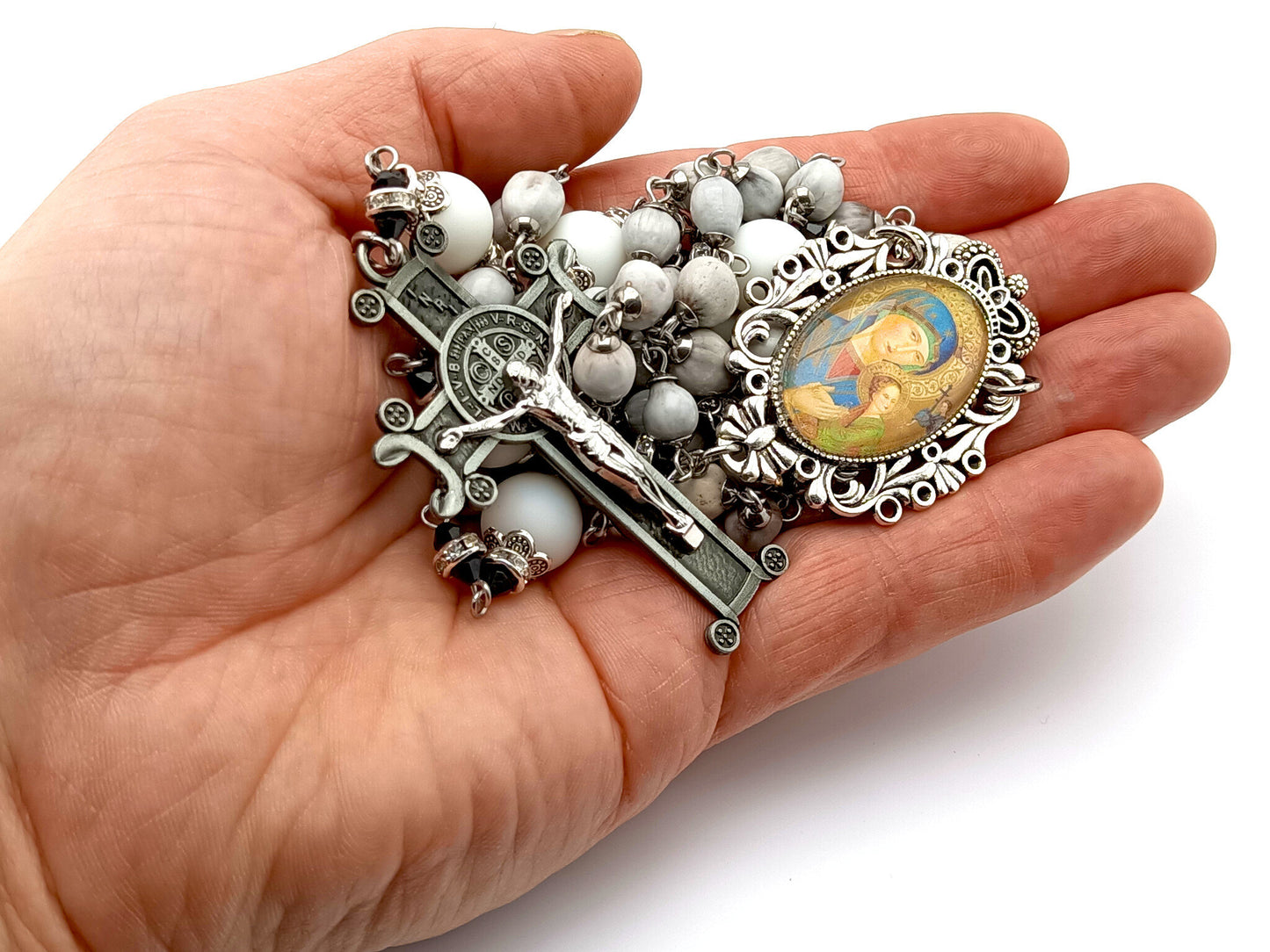 Our Lady of Perpetual Help unique rosary beads with Jobs Tears and alabaster gemstone beads and pewter style Saint Benedict crucifix.