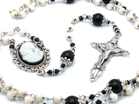 Madonna and child cameo unique rosary beads with mother of pearl and onyx rosary beads with filigree crucifix.