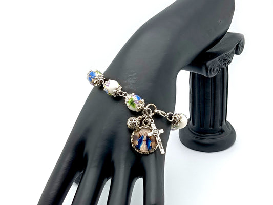 Our Lady of Grace unique rosary beads single decade rosary bracelet with floral porcelain and Tibetan silver beads and Saint Benedict crucifix.