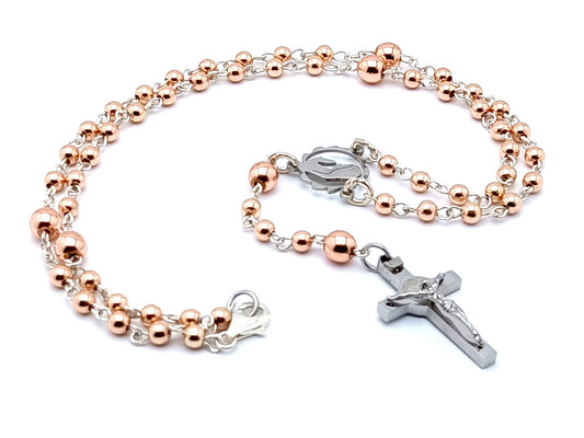 Sterling silver rose gold Madonna unique rosary beads with stainless steel Saint Benedict crucifix and 925 sterling silver wire.