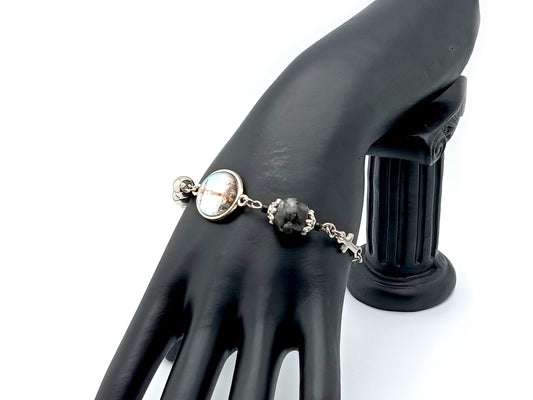 The Crucifixion unique rosary beads single decade adjustable rosary bracelet with domed picture medal, stainless steel and larvikite gemstone beads and cross medal.