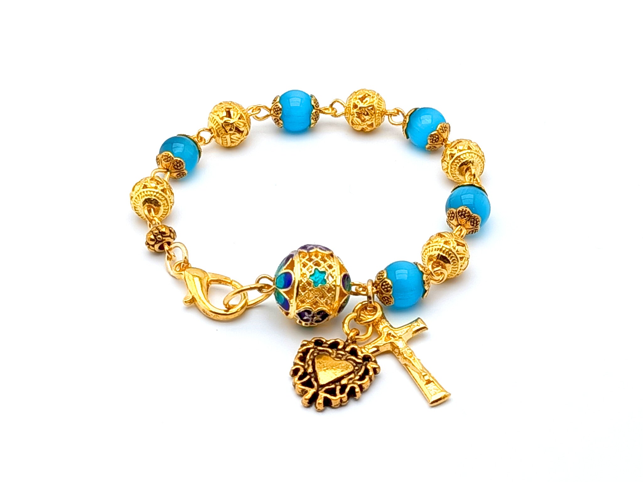 Italian 14k Yellow Gold Diamond-Cut Beaded Rosary Bracelet 7.25
