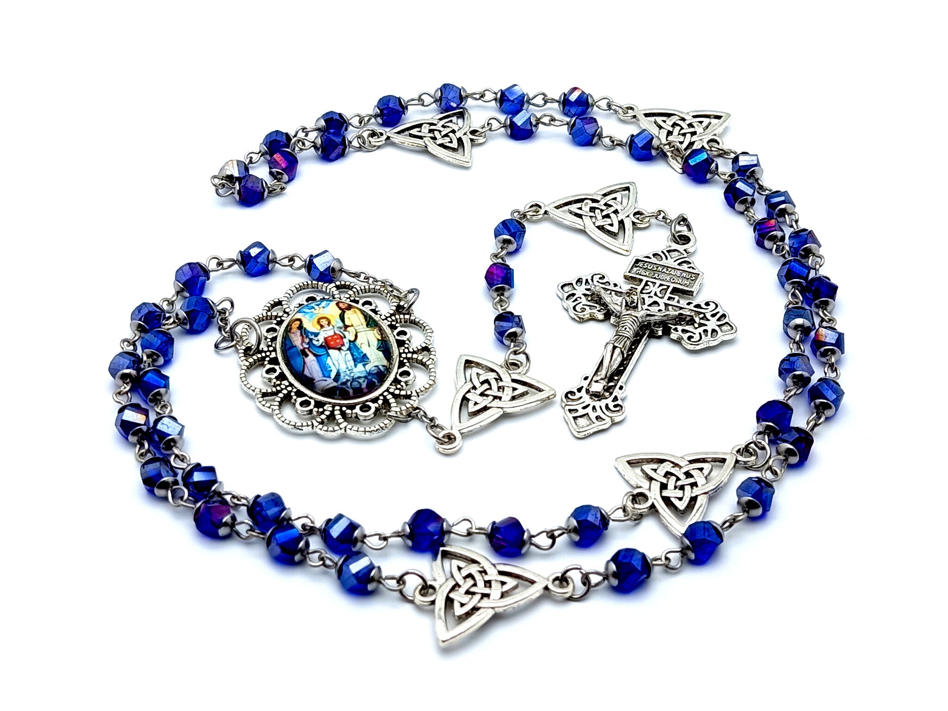 The Holy Family unique rosary beads faceted glass rosary beads with Holy trinity Our Father medals and pardon crucifix.