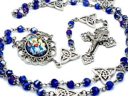 The Holy Family unique rosary beads faceted glass rosary beads with Holy trinity Our Father medals and pardon crucifix.