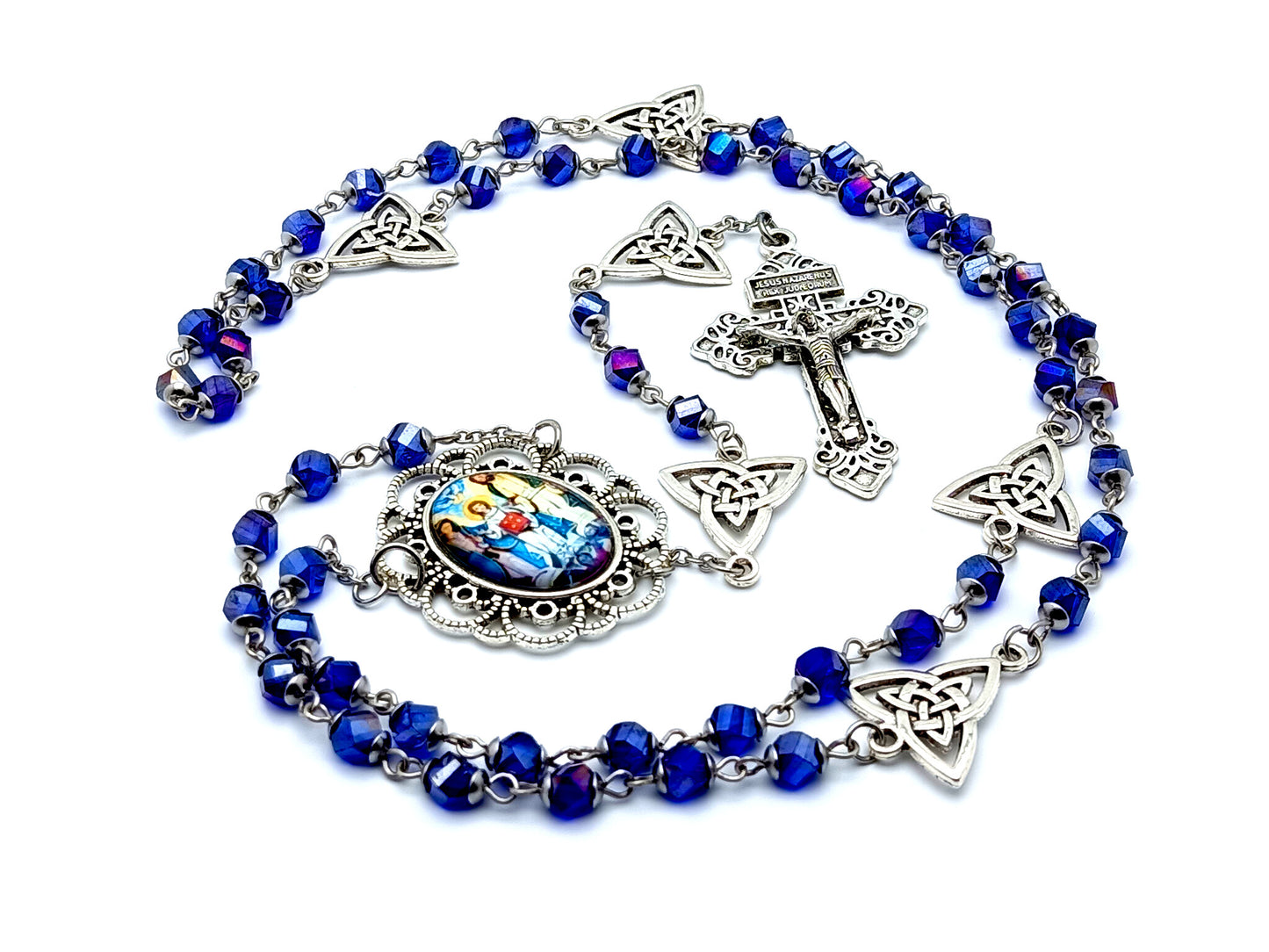 The Holy Family unique rosary beads faceted glass rosary beads with Holy trinity Our Father medals and pardon crucifix.