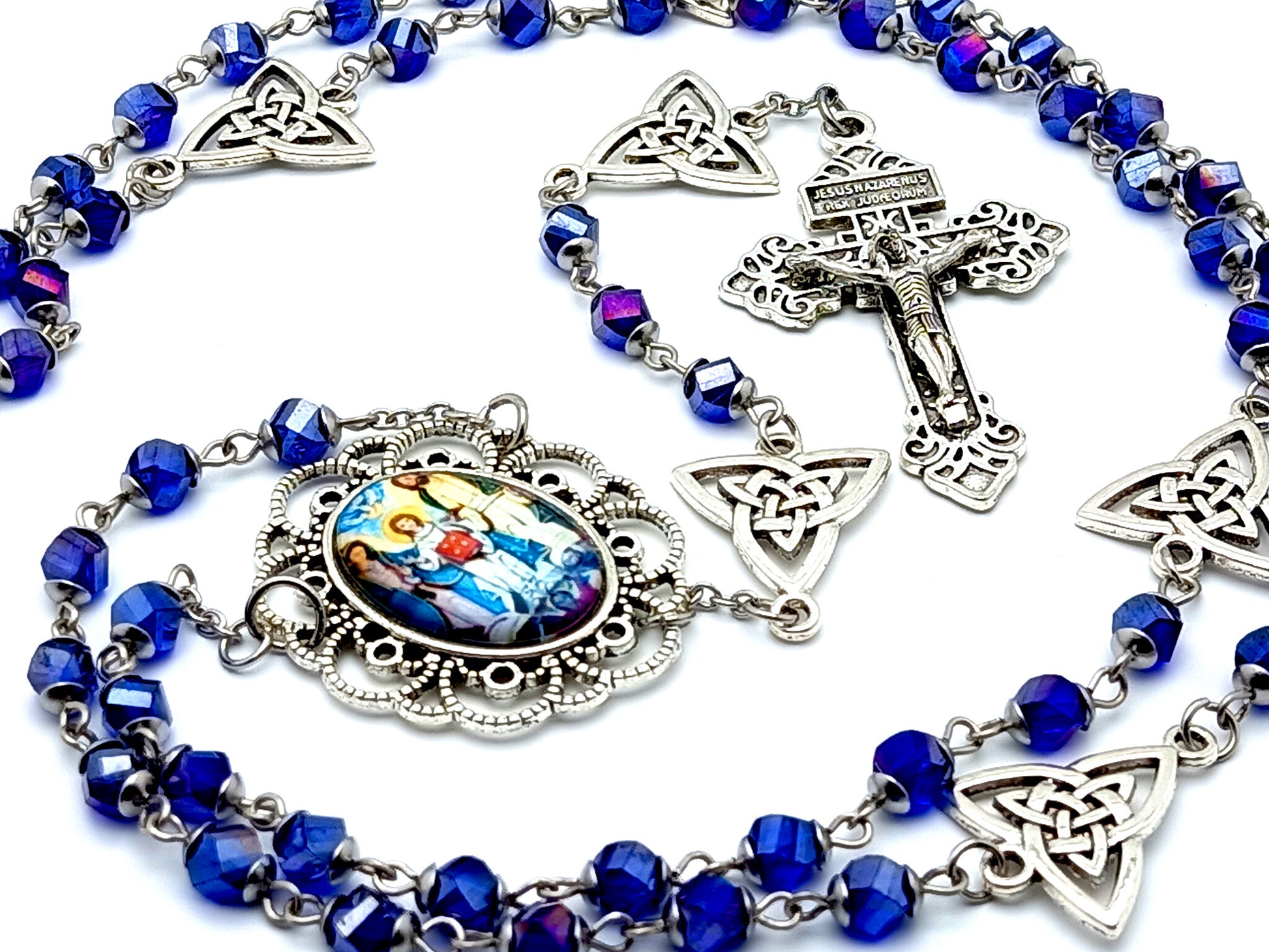 The Holy Family unique rosary beads faceted glass rosary beads with Holy trinity Our Father medals and pardon crucifix.