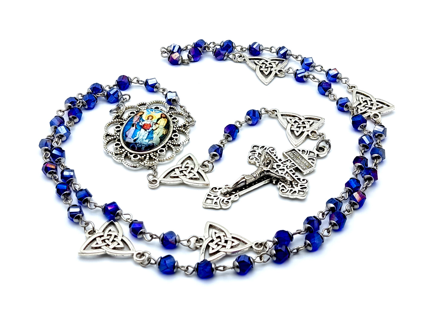 The Holy Family unique rosary beads faceted glass rosary beads with Holy trinity Our Father medals and pardon crucifix.