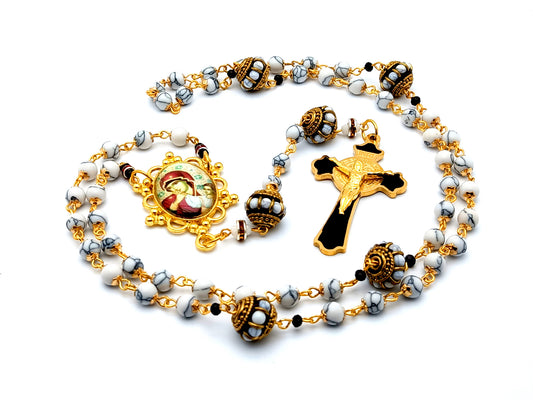 Our Lady of Perpetual Help unique rosary beads gemstone rosary beads with gold and enamel Saint Benedict crucifix and Gemstone Our father beads.