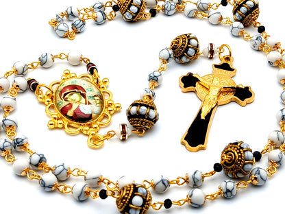 Our Lady of Perpetual Help unique rosary beads gemstone rosary beads with gold and enamel Saint Benedict crucifix and Gemstone Our father beads.