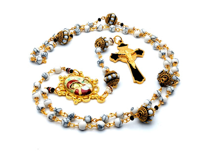 Our Lady of Perpetual Help unique rosary beads gemstone rosary beads with gold and enamel Saint Benedict crucifix and Gemstone Our father beads.