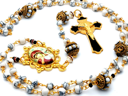 Our Lady of Perpetual Help unique rosary beads gemstone rosary beads with gold and enamel Saint Benedict crucifix and Gemstone Our father beads.