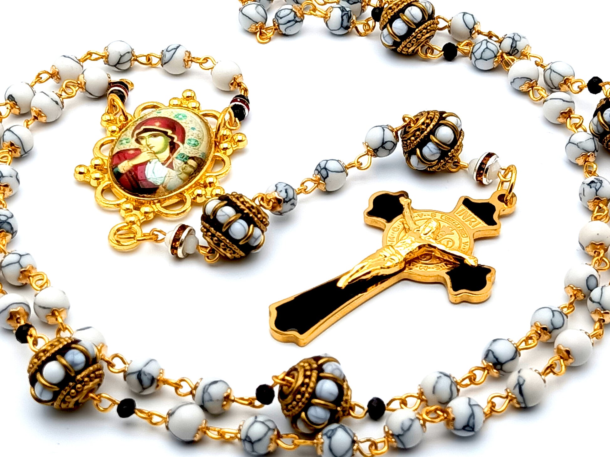 Our Lady of Perpetual Help unique rosary beads gemstone rosary beads with gold and enamel Saint Benedict crucifix and Gemstone Our father beads.