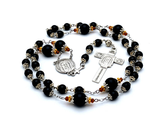 Holy Face of Jesus unique rosary beads gemstone prayer chaplet with Veronica's Veil crucifix and onyx meditation beads.