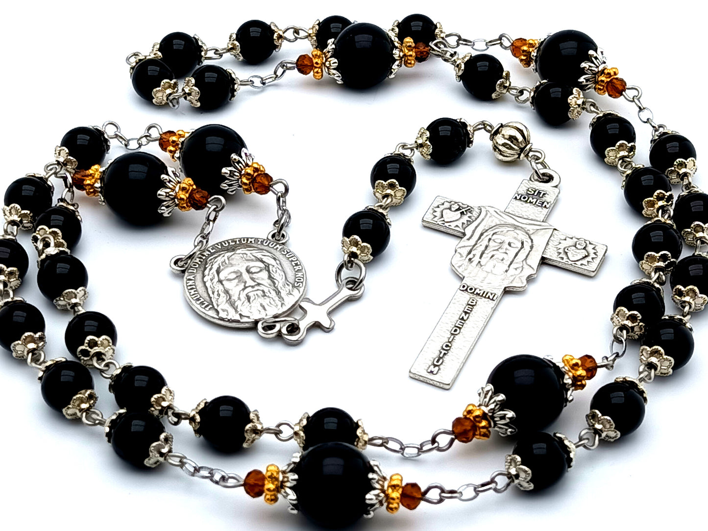 Holy Face of Jesus unique rosary beads gemstone prayer chaplet with Veronica's Veil crucifix and onyx meditation beads.