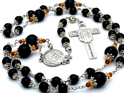 Holy Face of Jesus unique rosary beads gemstone prayer chaplet with Veronica's Veil crucifix and onyx meditation beads.