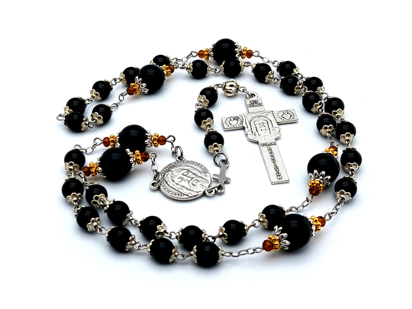 Holy Face of Jesus unique rosary beads gemstone prayer chaplet with Veronica's Veil crucifix and onyx meditation beads.