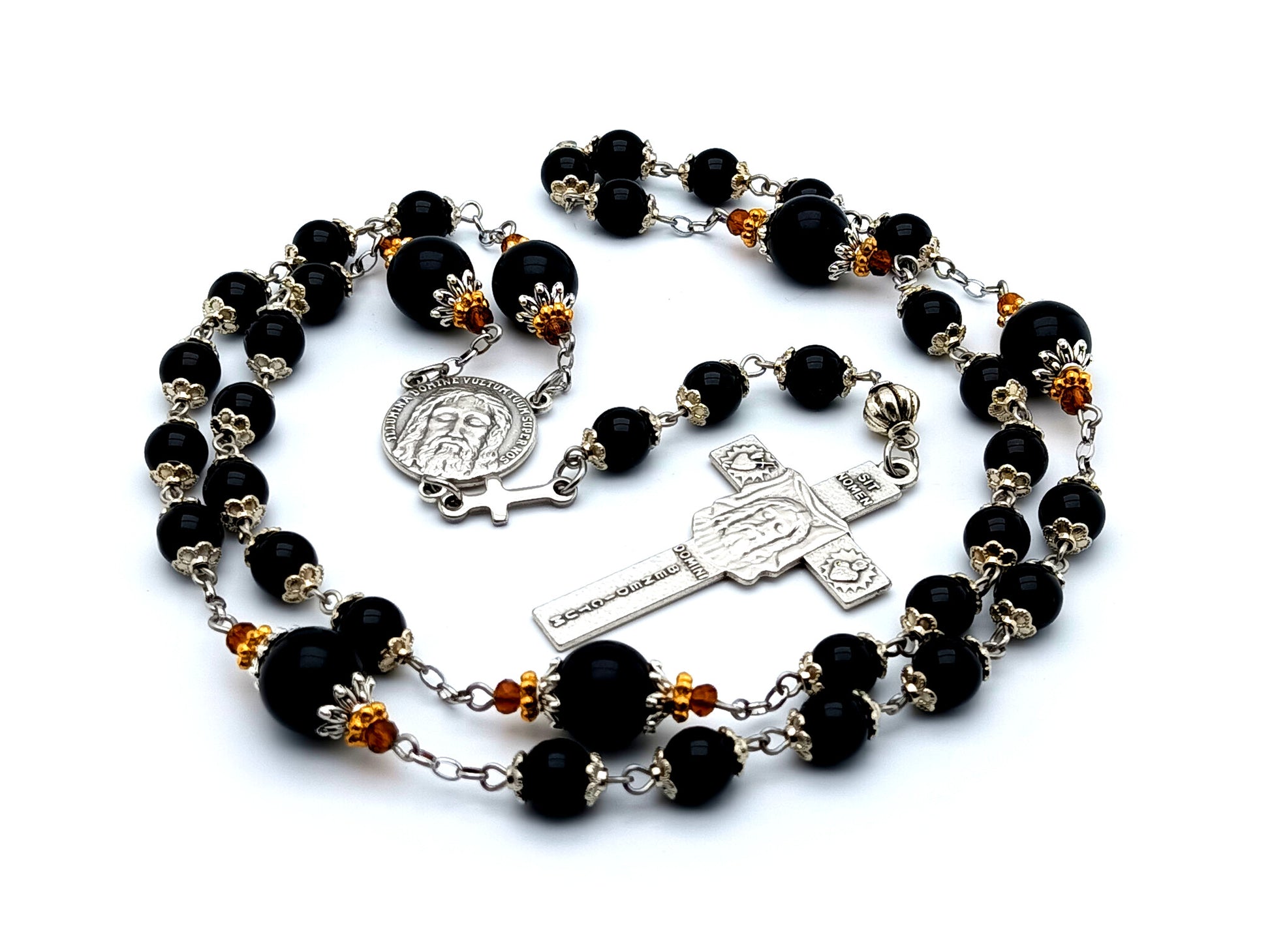 Holy Face of Jesus unique rosary beads gemstone prayer chaplet with Veronica's Veil crucifix and onyx meditation beads.