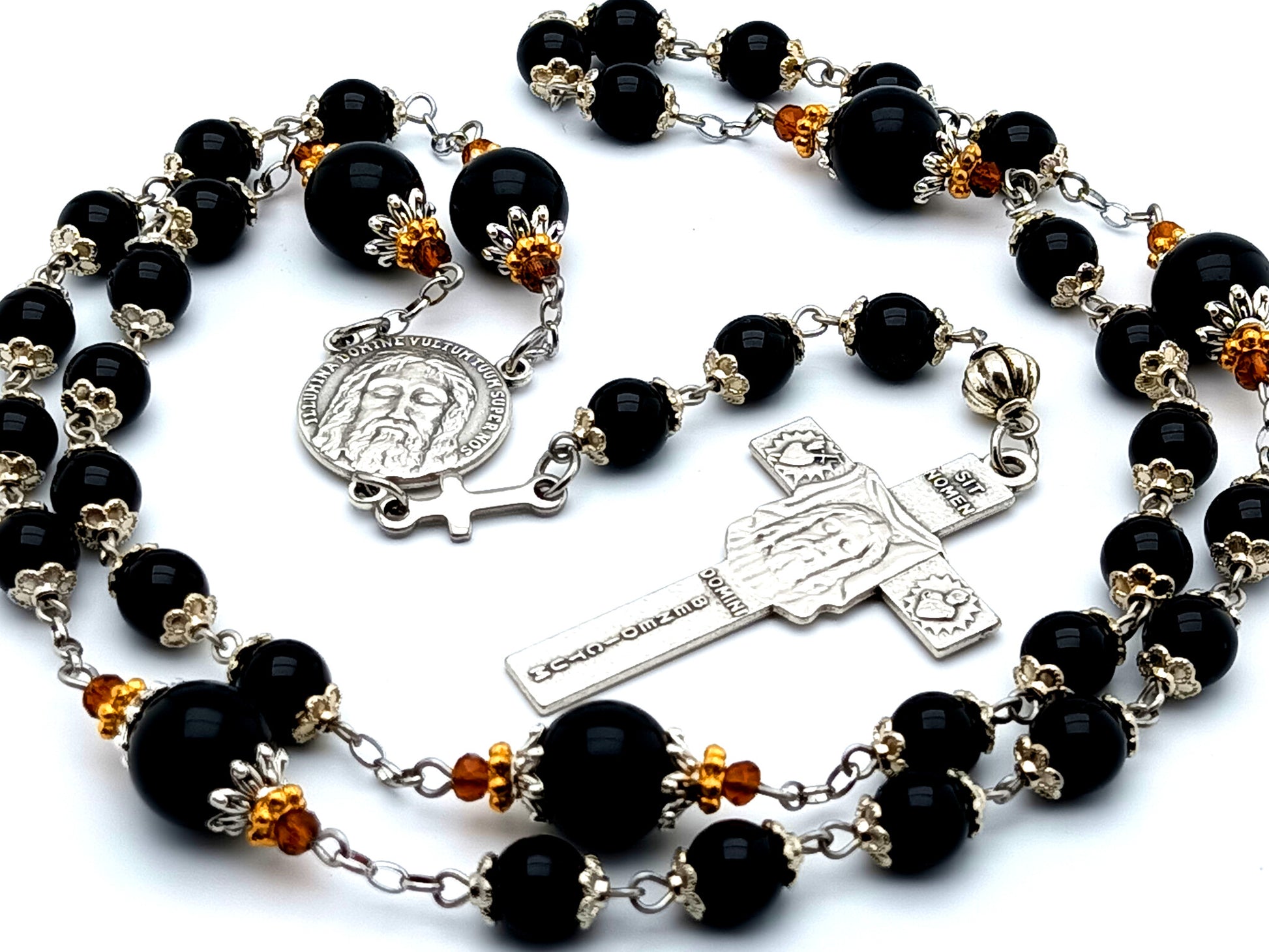 Holy Face of Jesus unique rosary beads gemstone prayer chaplet with Veronica's Veil crucifix and onyx meditation beads.