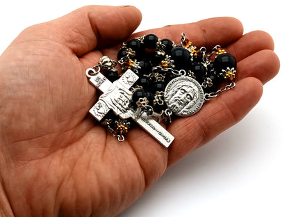 Holy Face of Jesus unique rosary beads gemstone prayer chaplet with Veronica's Veil crucifix and onyx meditation beads.