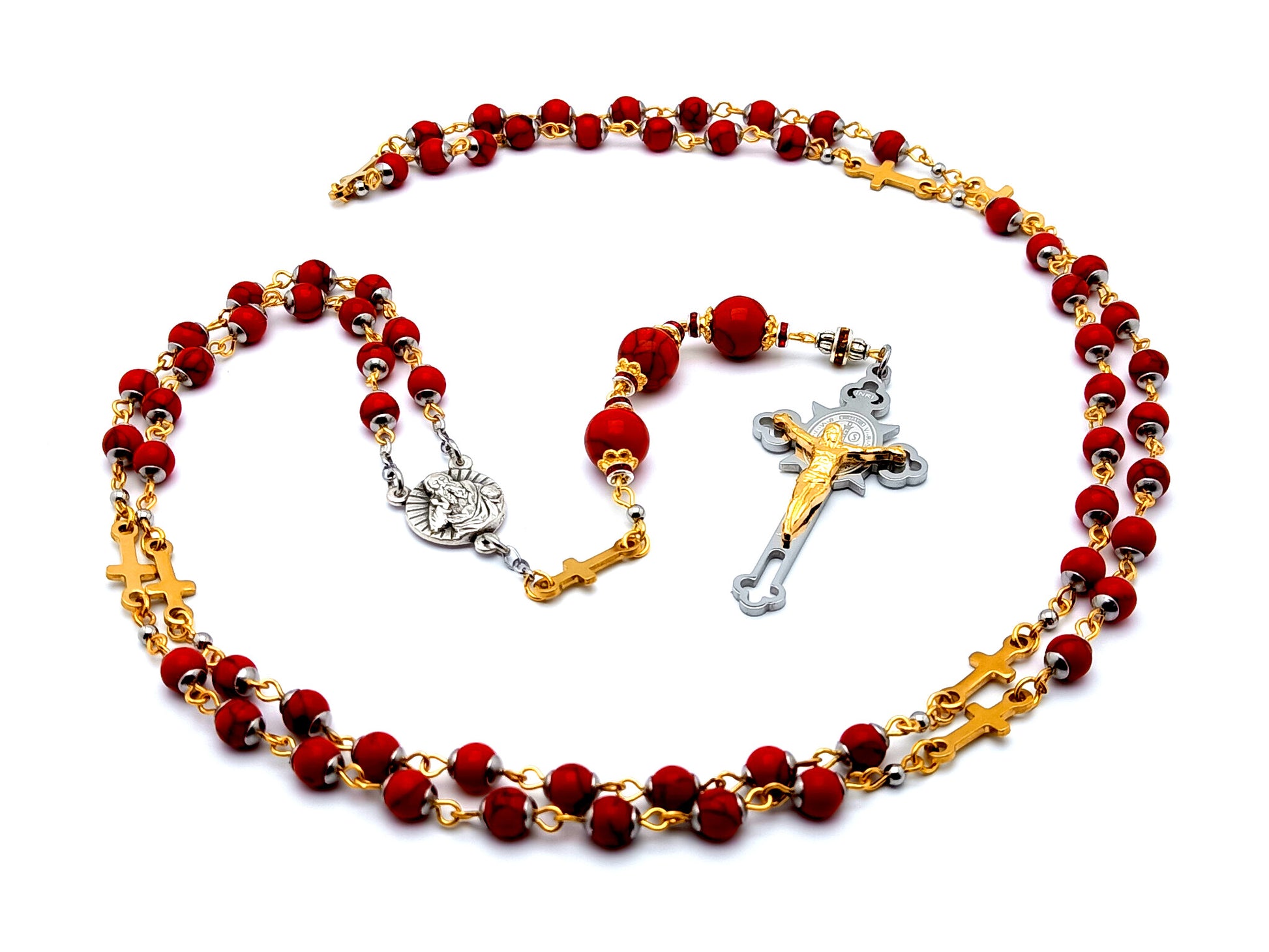 God The Father unique rosary beads gemstone prayer chaplet with gold stainless steel linking crosses and God The Father centre medal and stainless steel Saint Benedict crucifix.