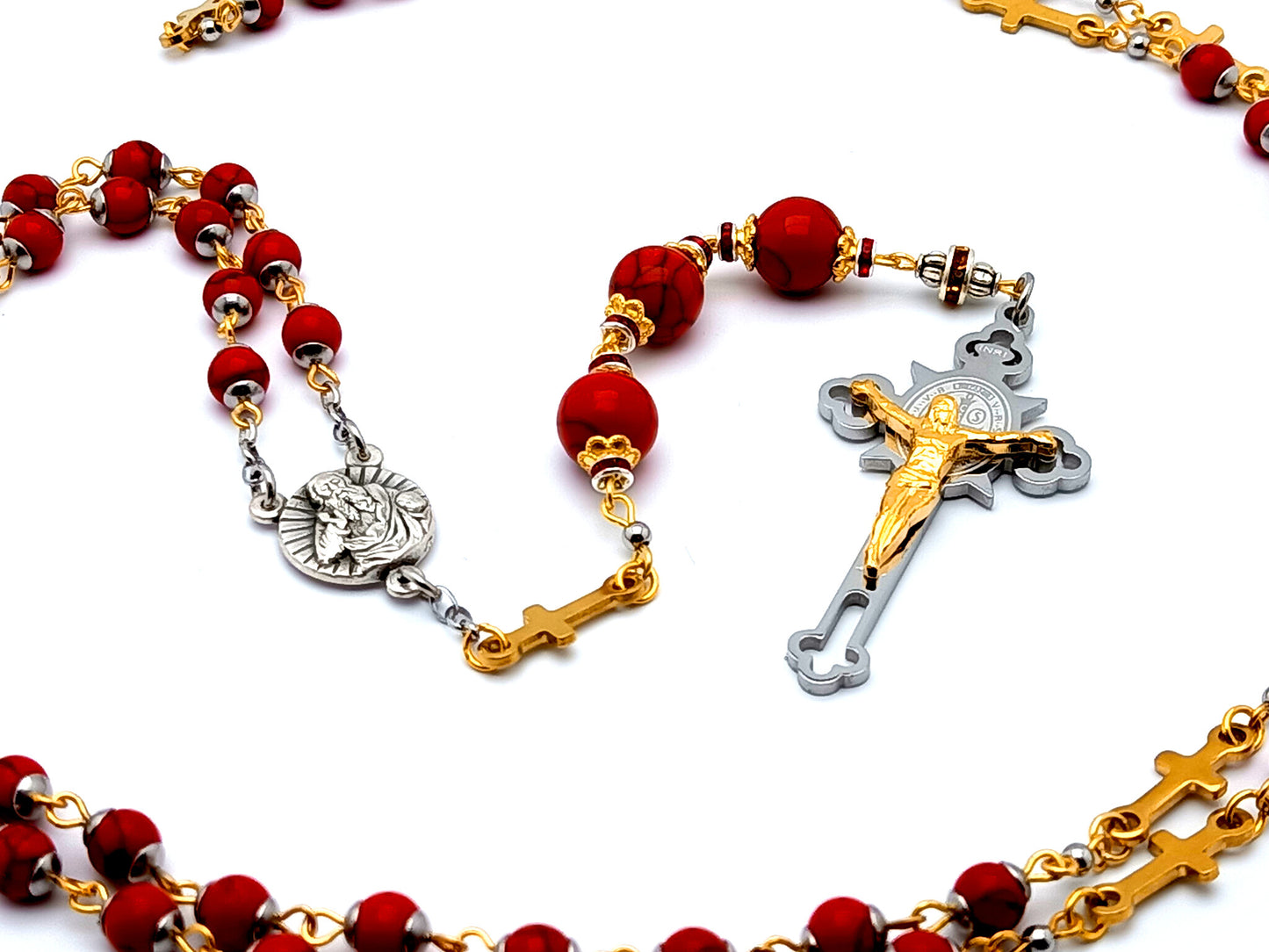 God The Father unique rosary beads gemstone prayer chaplet with gold stainless steel linking crosses and God The Father centre medal and stainless steel Saint Benedict crucifix.