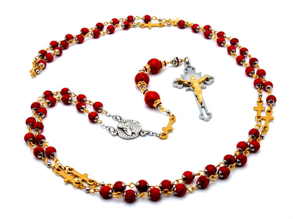 God The Father unique rosary beads gemstone prayer chaplet with gold stainless steel linking crosses and God The Father centre medal and stainless steel Saint Benedict crucifix.