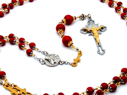 God The Father unique rosary beads gemstone prayer chaplet with gold stainless steel linking crosses and God The Father centre medal and stainless steel Saint Benedict crucifix.