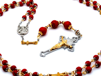 God The Father unique rosary beads gemstone prayer chaplet with gold stainless steel linking crosses and God The Father centre medal and stainless steel Saint Benedict crucifix.