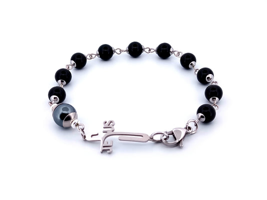 Mens single decade unique rosary beads onyx gemstone rosary bracelet with Jesus linking cross medal.