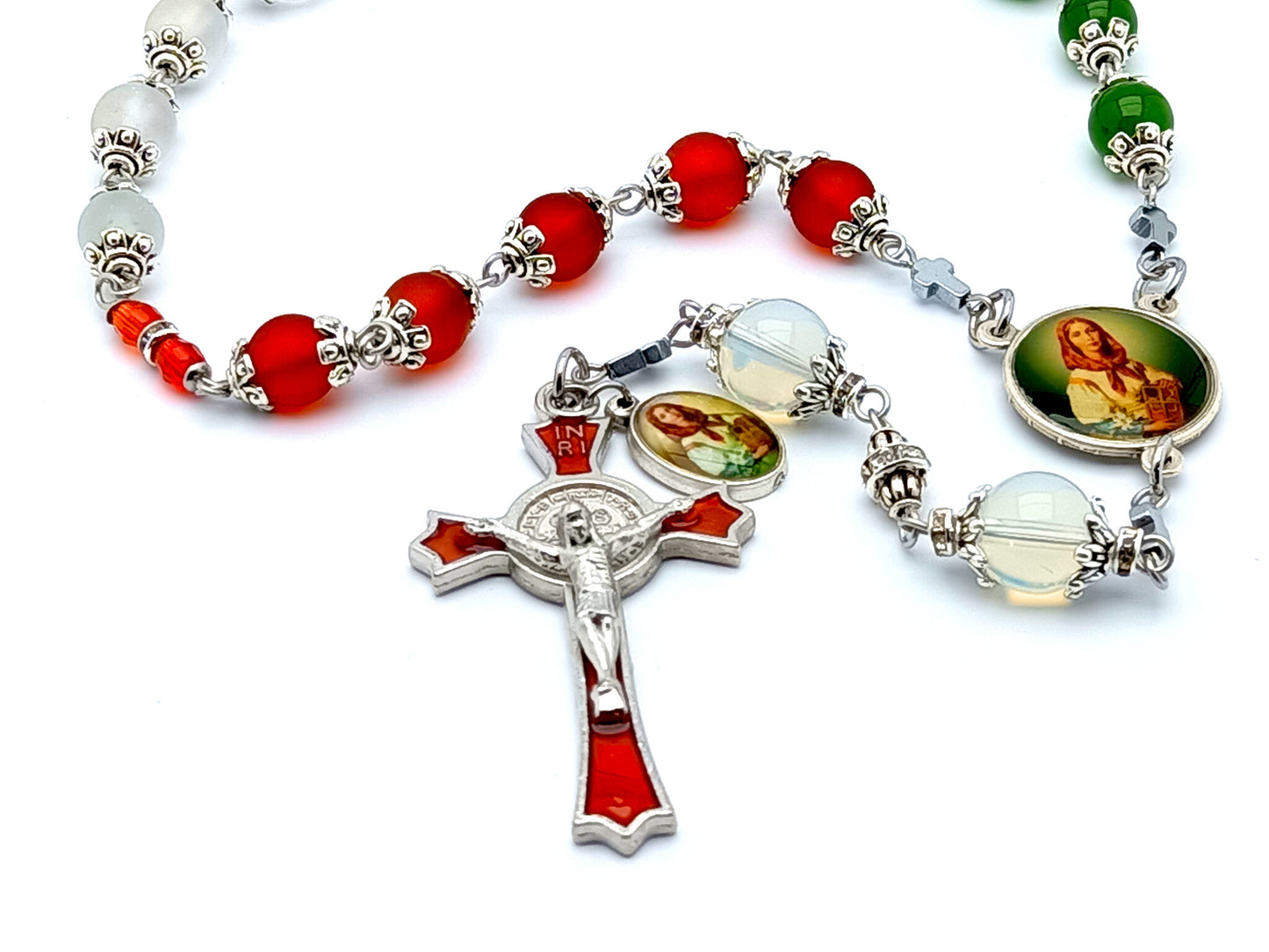 Saint Dymphna prayer chaplet in glass and gemstone beads.