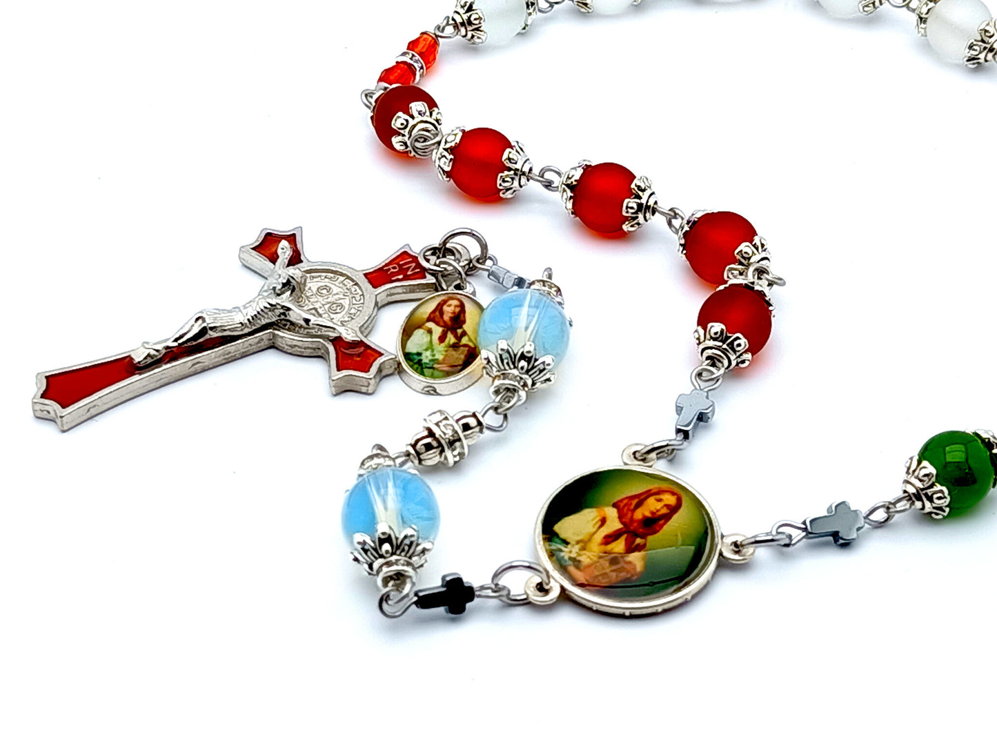 Saint Dymphna prayer chaplet in glass and gemstone beads.