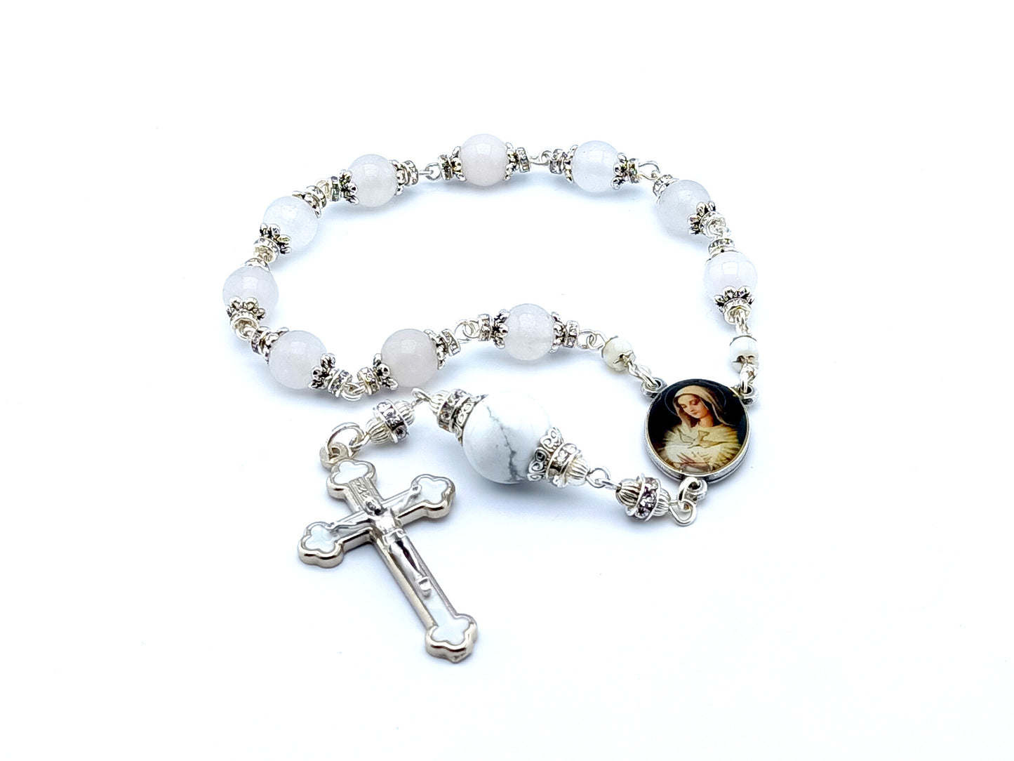 Our Lady and Holy Spirit unique rosary beads single decade rosary with opal and white gemstone beads, silver and white enamel crucifix and picture centre medal.