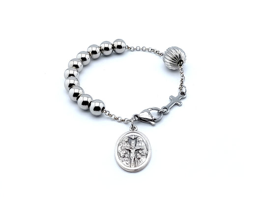 Holy Trinity unique rosary beads single decade rosary bracelet with stainless steel beads, cross and clasp and sterling silver belcher chain.