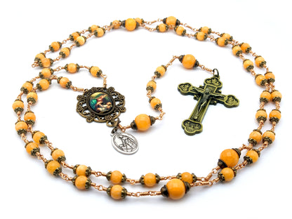 Virgin and Child vintage style unbreakable rosary in yellow agate gemstone.