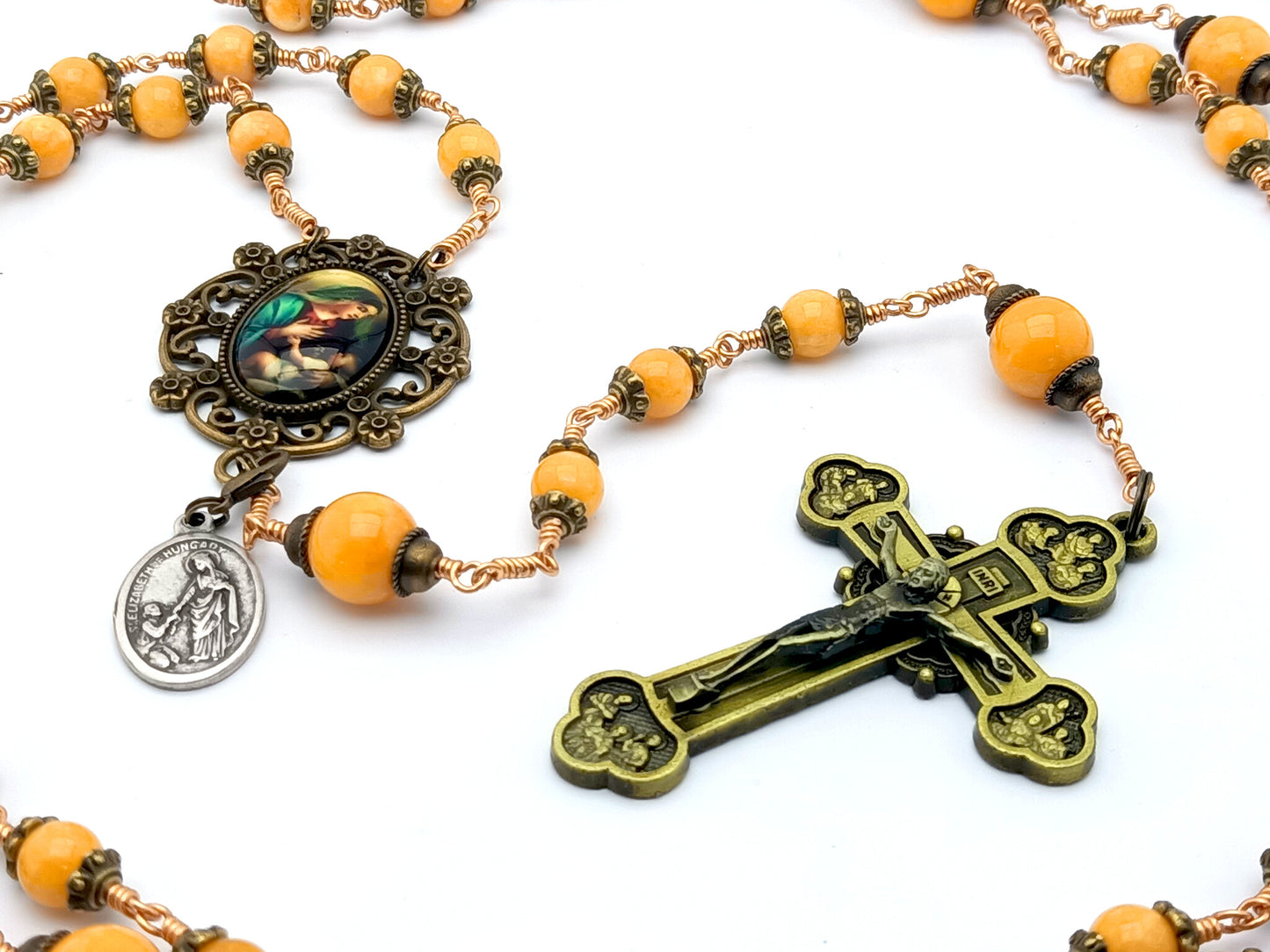 Virgin and Child vintage style unbreakable rosary in yellow agate gemstone.