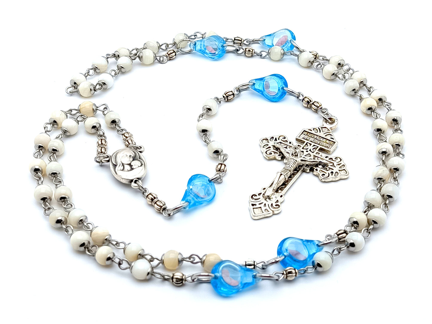 Pro Life unique rosary beads with unborn fetus teardrops and pearl beads, silver crucifix and Virgin and Child medal.
