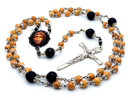 Holy face of Jesus unique rosary beads with wooden and onyx beads, silver nail crucifix and picture centre medal.