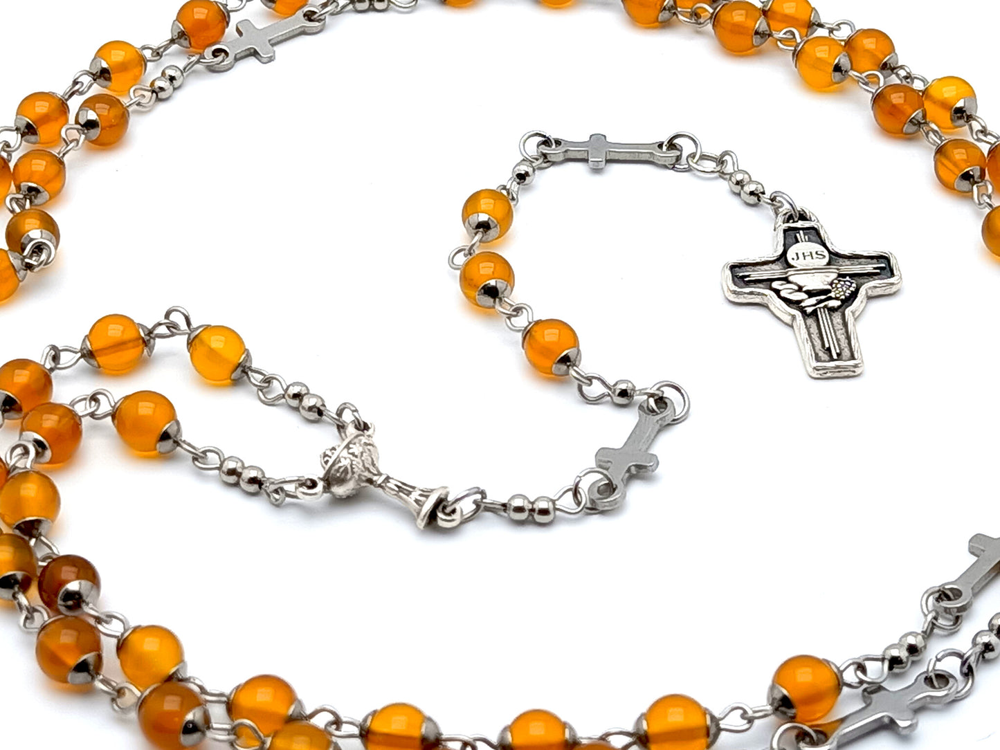 Holy Communion unique rosary beads with orange agate gemstone beads, Holy Eucharist crucifx and chalice centre medal.